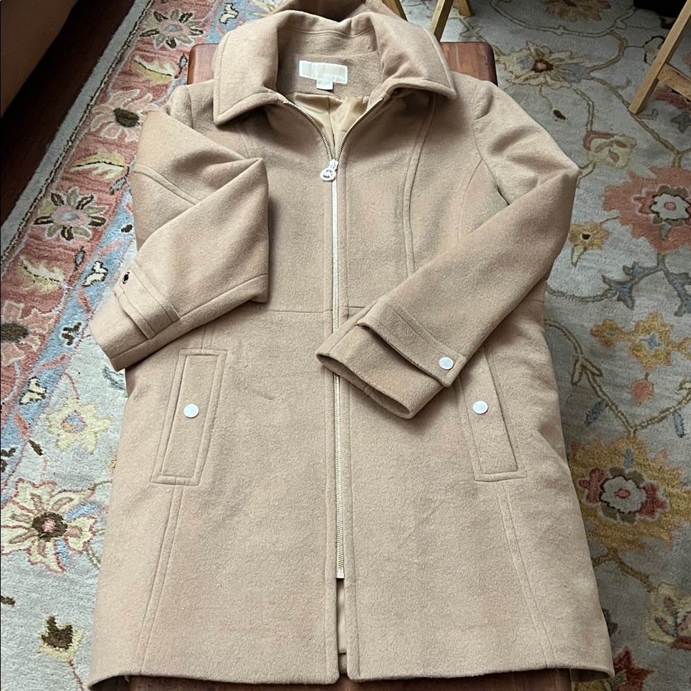 Michael Kors Wool Women's Hooded-Stand Collar Zip-Front Coat Camel Brown Size L - Picture 2 of 13